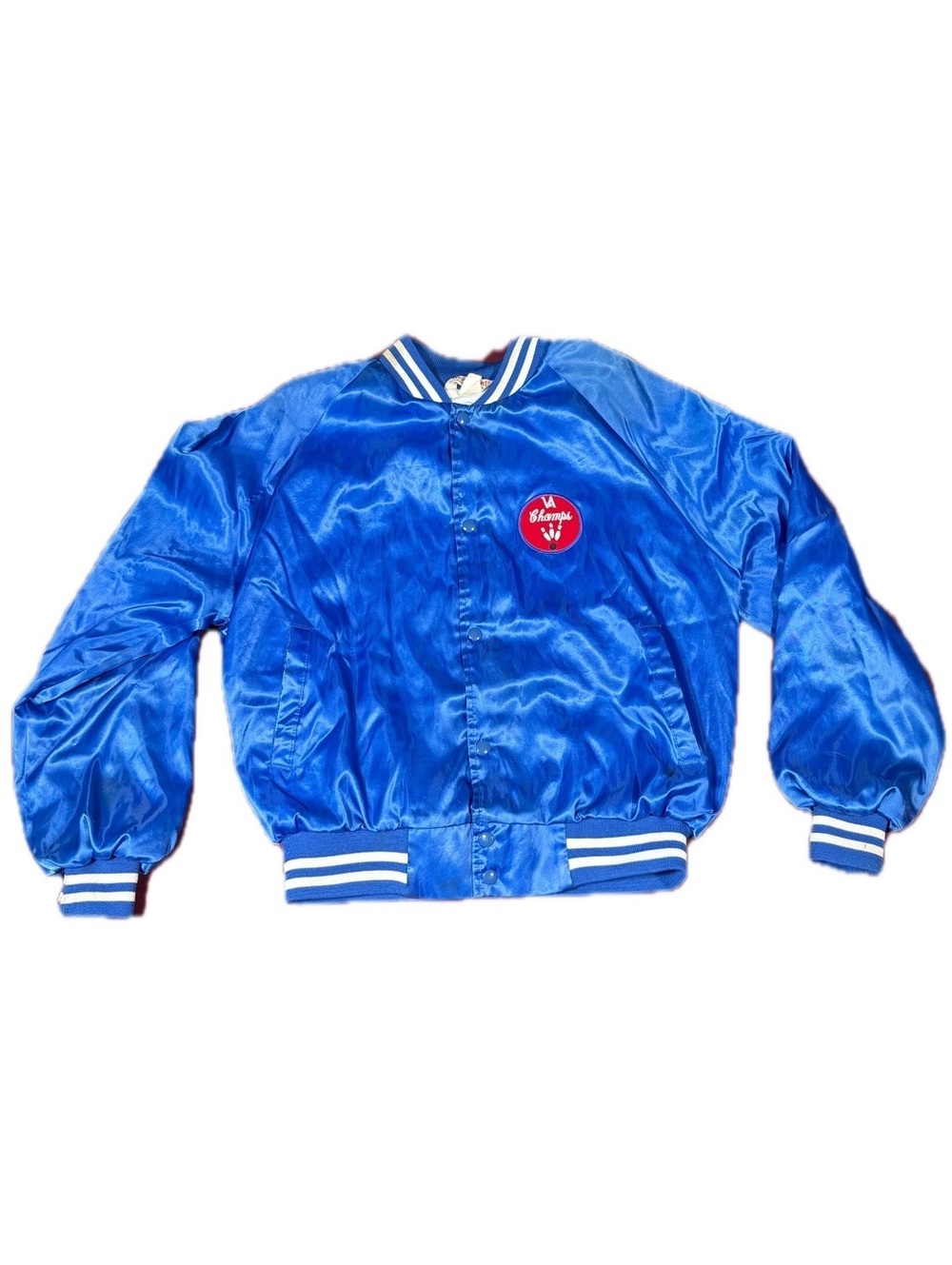 Vtg 80s WearGuard Royal Blue Satin Bomber Jacket XL Bowling Patch Made in USA